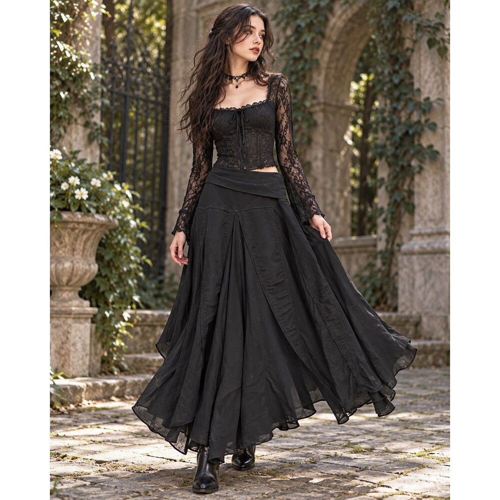 Hard Tail Women’s Small Black Maxi Skirt Fold Over Waist Whimsy Goth Boho USA